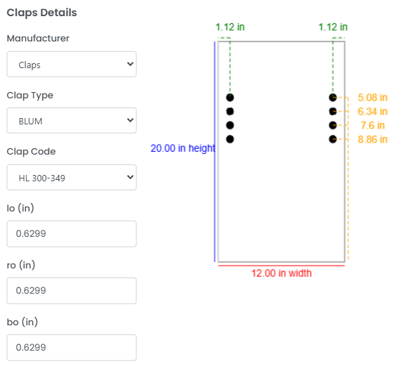 INTERA ordering app: lift-system drilling, with bracket holes on a front drawing