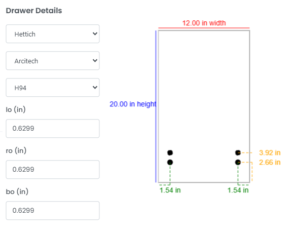 INTERA ordering app: drawer drilling, with hole positions on a drawer front drawing