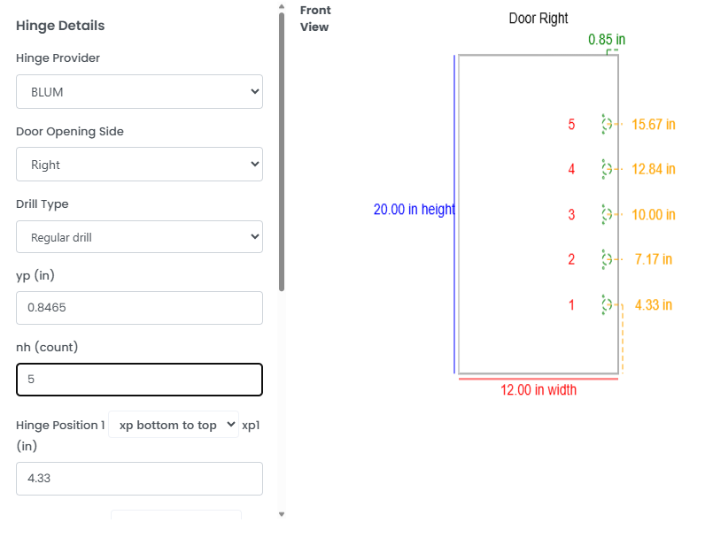 INTERA ordering app: hinge boring, with cup positions marked on a door drawing