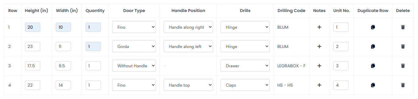 INTERA ordering app: order table, one row per front with size, quantity and drilling