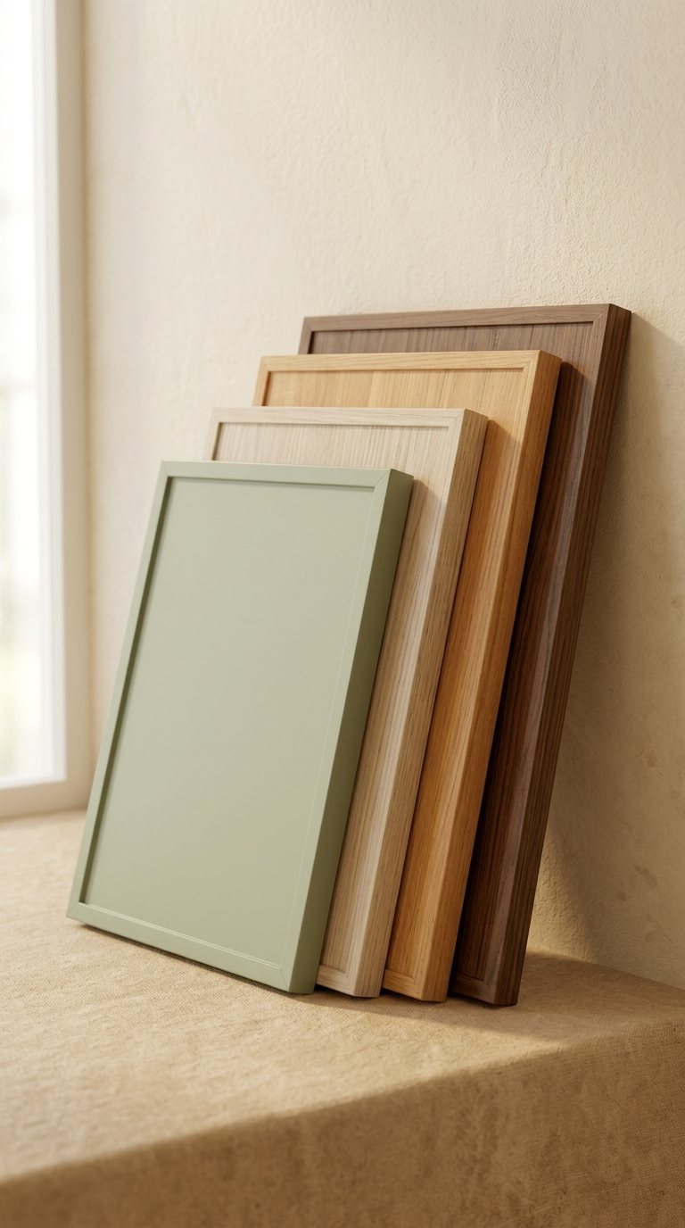 Finished cabinet fronts in sage, ash, oak, and walnut, stacked upright