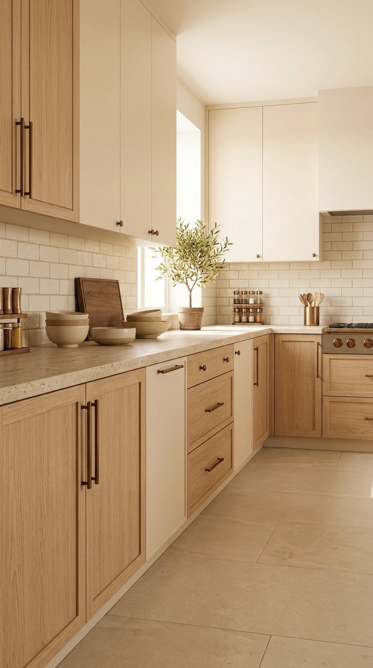 Kitchen mixing flat and frame cabinet fronts in oak and cream