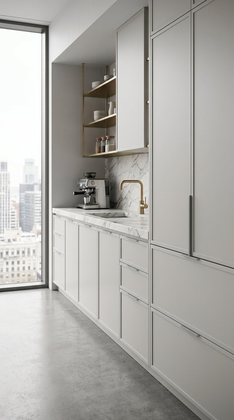 Slim Shaker kitchen fronts with 3/8 inch (10 mm) one-piece frames in light grey